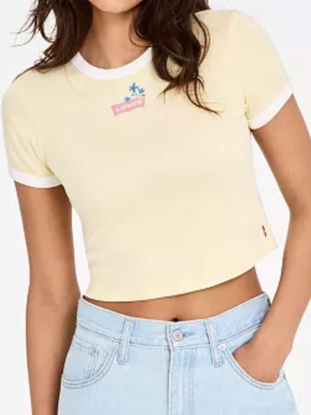 Levi’s Rickie Graphic Crop Ringer Tee Yellow White Trim Cotton T-Shirt Sz M